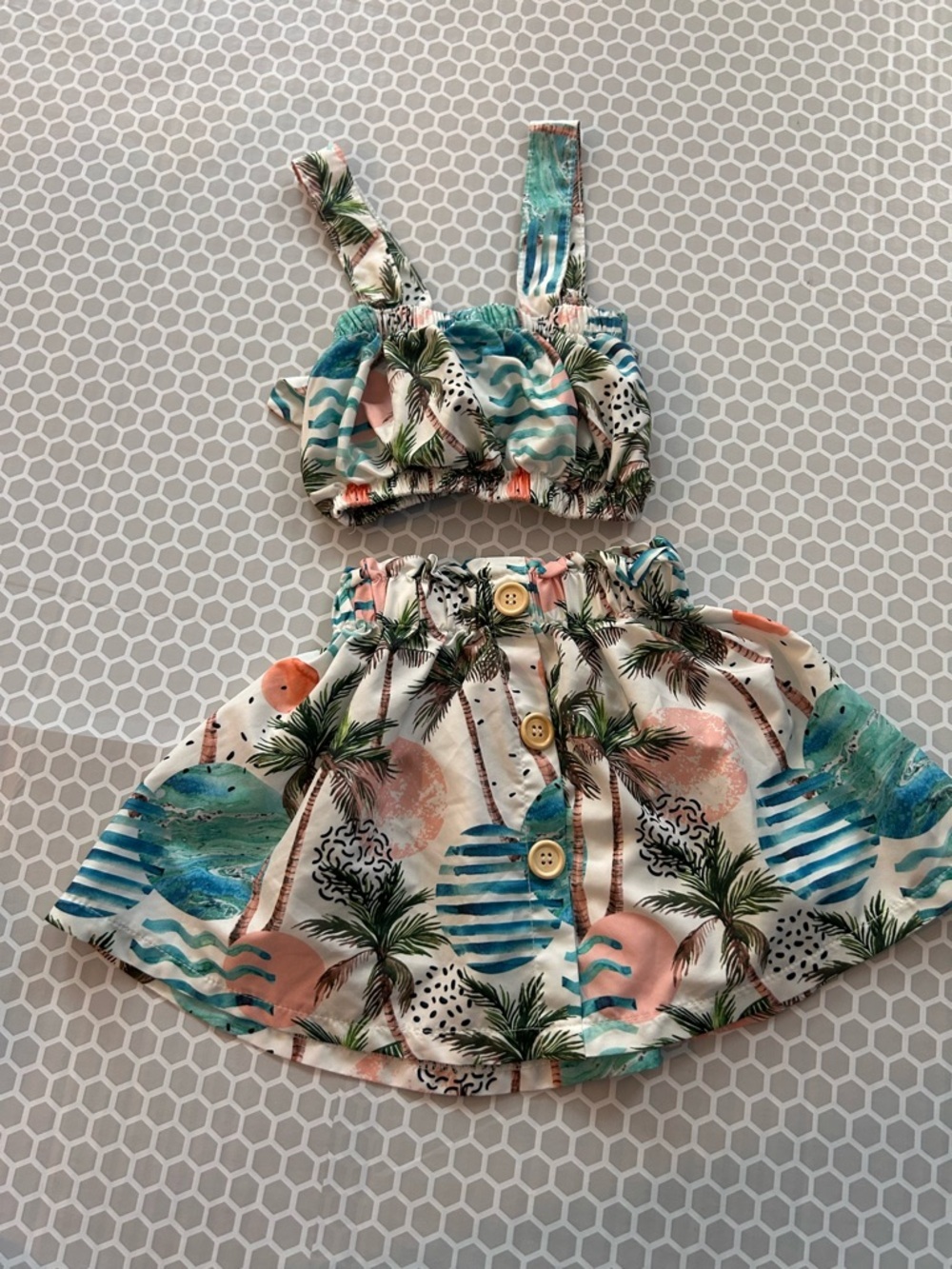 Palm Print Two-Piece Crop Top & Button Skirt Set - Teal, Pink & Cream Size 18 M